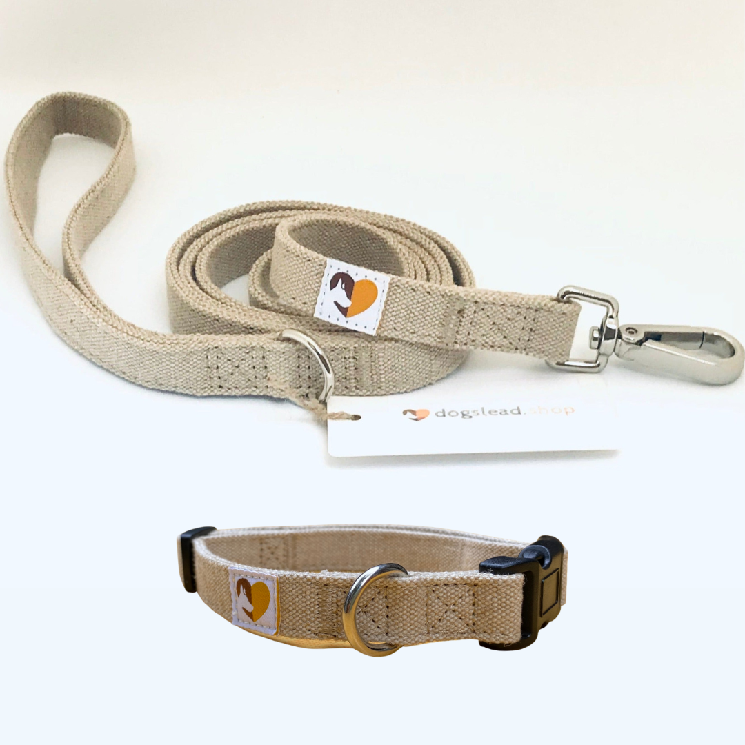 Natural hemp dog collar and matching lead in beige on a white background.