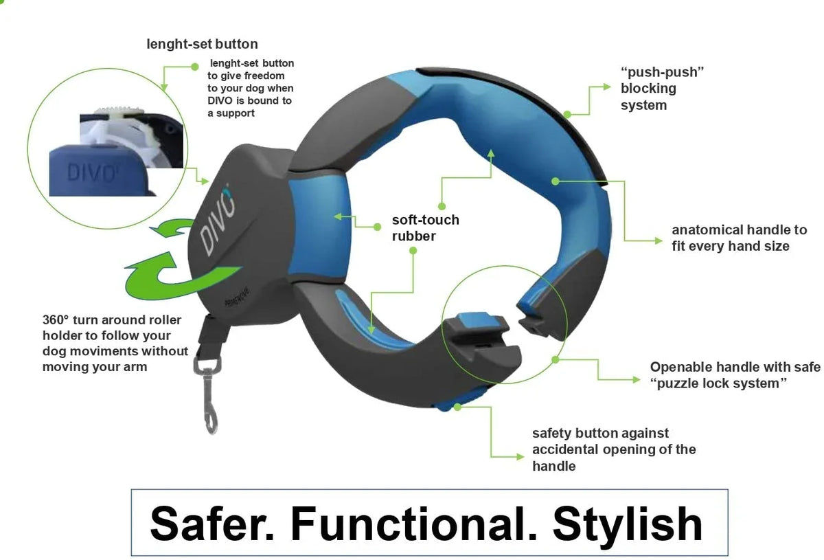 Anatomical blue and black dog lead handle with soft-touch rubber and safety locking system.