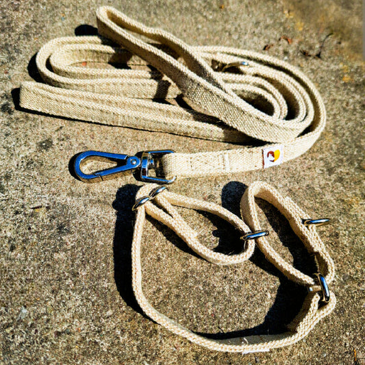 No-Pull Hemp Dog Collar and Lead Set laid out on natural stone