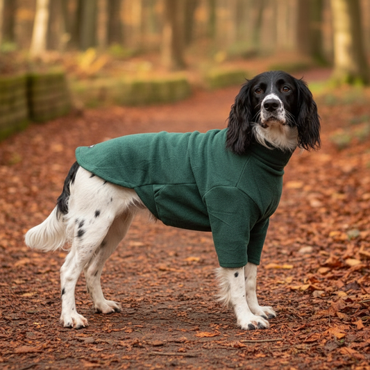 Forest Green Fleece Dog Jumper — Warm Autumnal Background