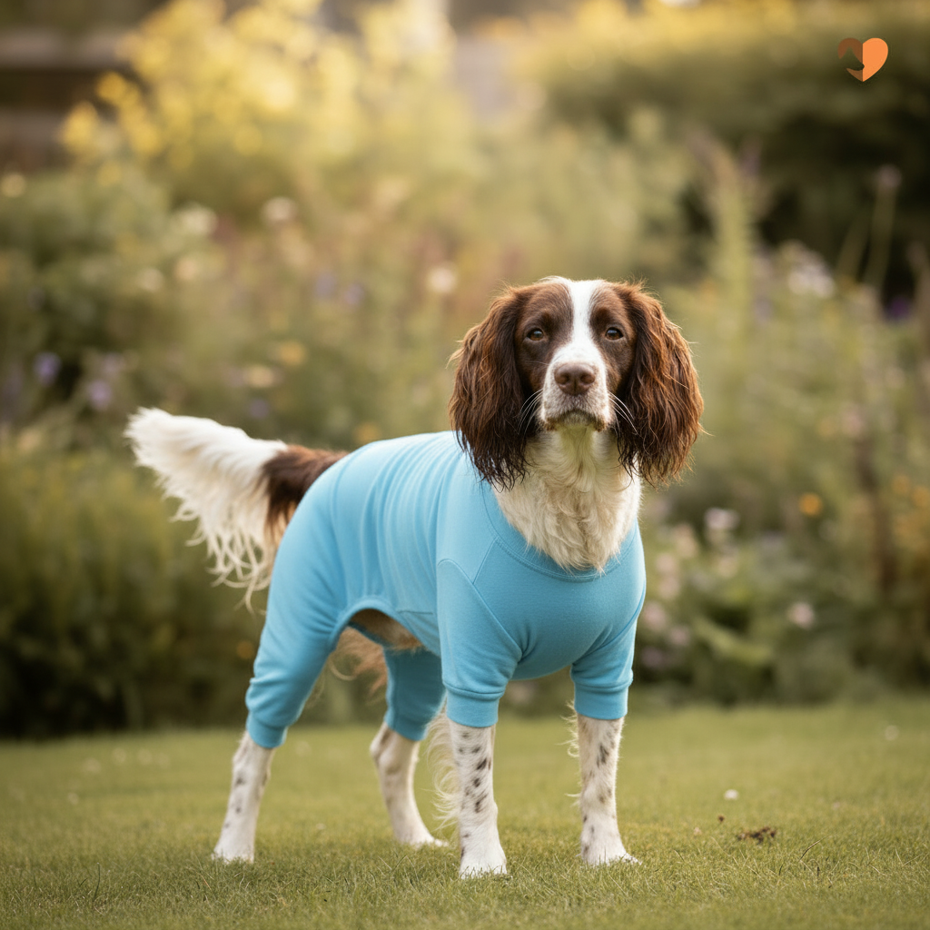 Sky blue Equafleece cotton dog t-shirt suit on a Springer Spaniel in a garden
