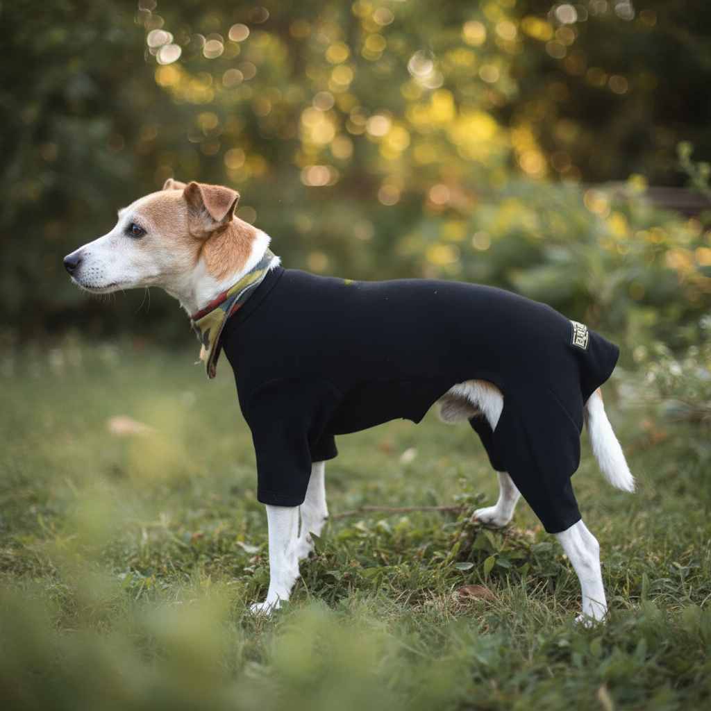 Black cotton dog t-shirt suit, dog recovery and allergy suit by Equafleece