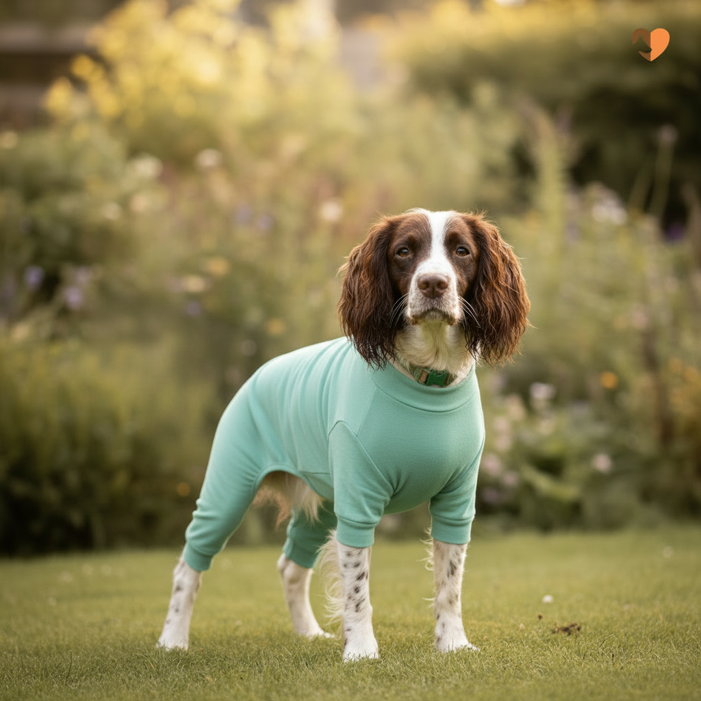 Mint green Equafleece cotton dog t-shirt suit on a Springer Spaniel in a garden