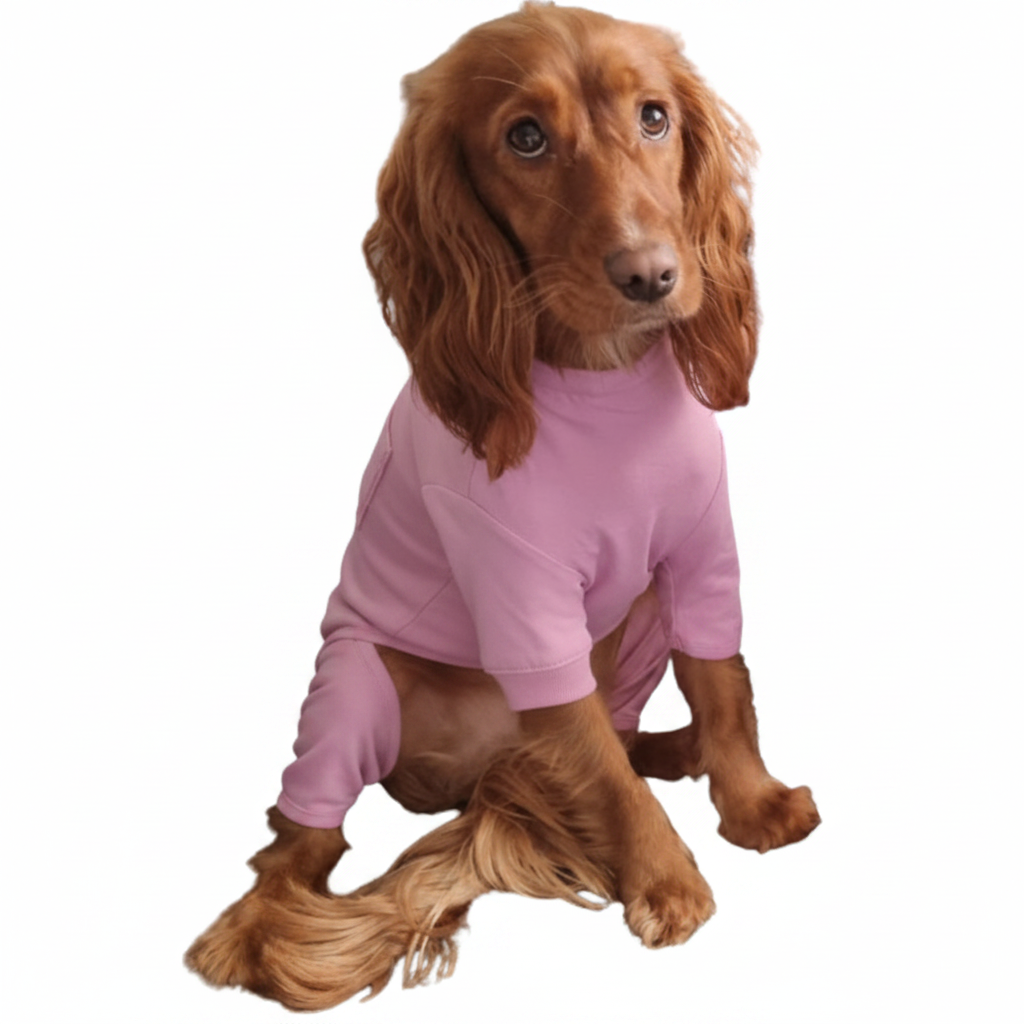 Red Cocker Spaniel sitting wearing a dusky rose cotton dog t-shirt suit by Equafleece