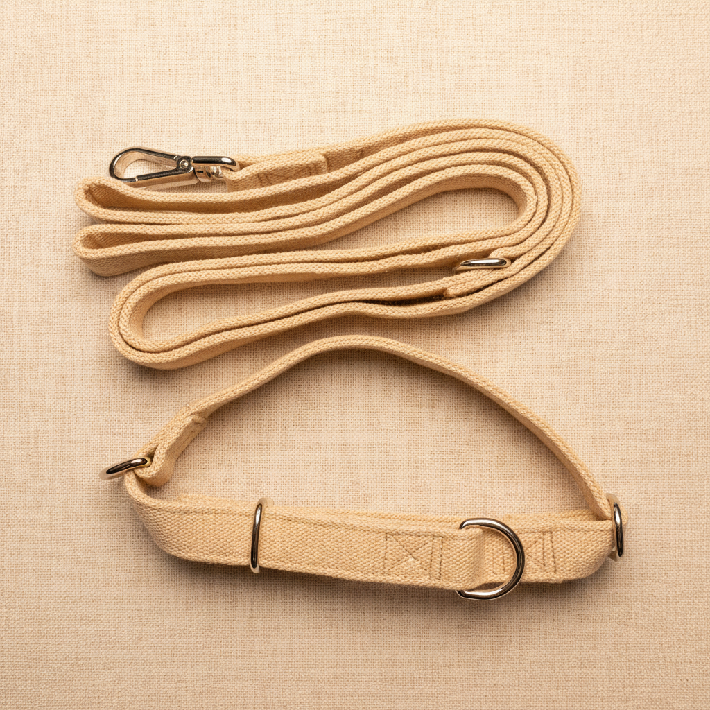 Hypoallergenic No-Pull Hemp Collar and Lead Set on cream background