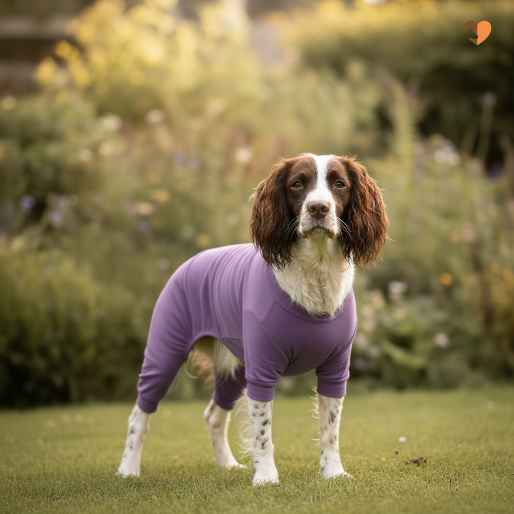 Amethyst purple Equafleece cotton dog t-shirt suit on a Springer Spaniel in a garden