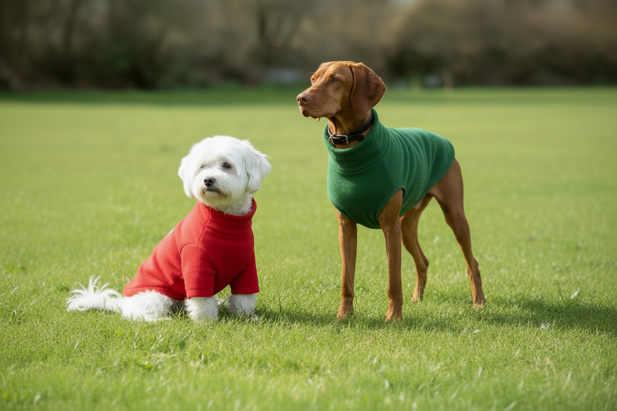 Two dogs wearing fleece jumpers on grass - Maltese in red, Vizsla in forest green