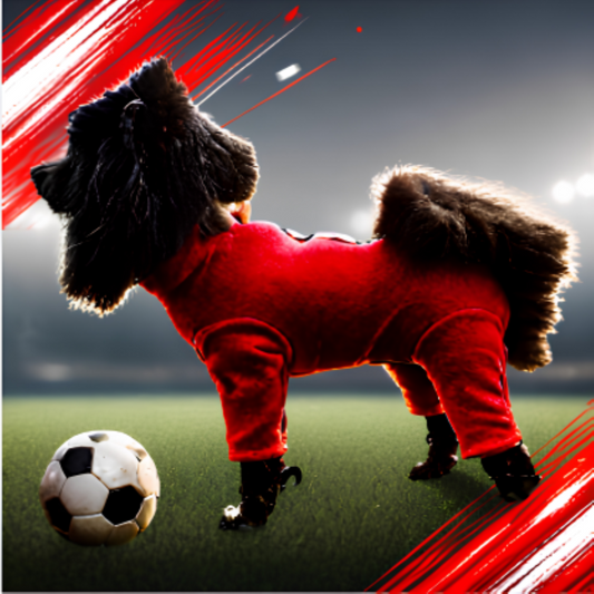 Dog wearing red zip fleece jumper playing football on a pitch