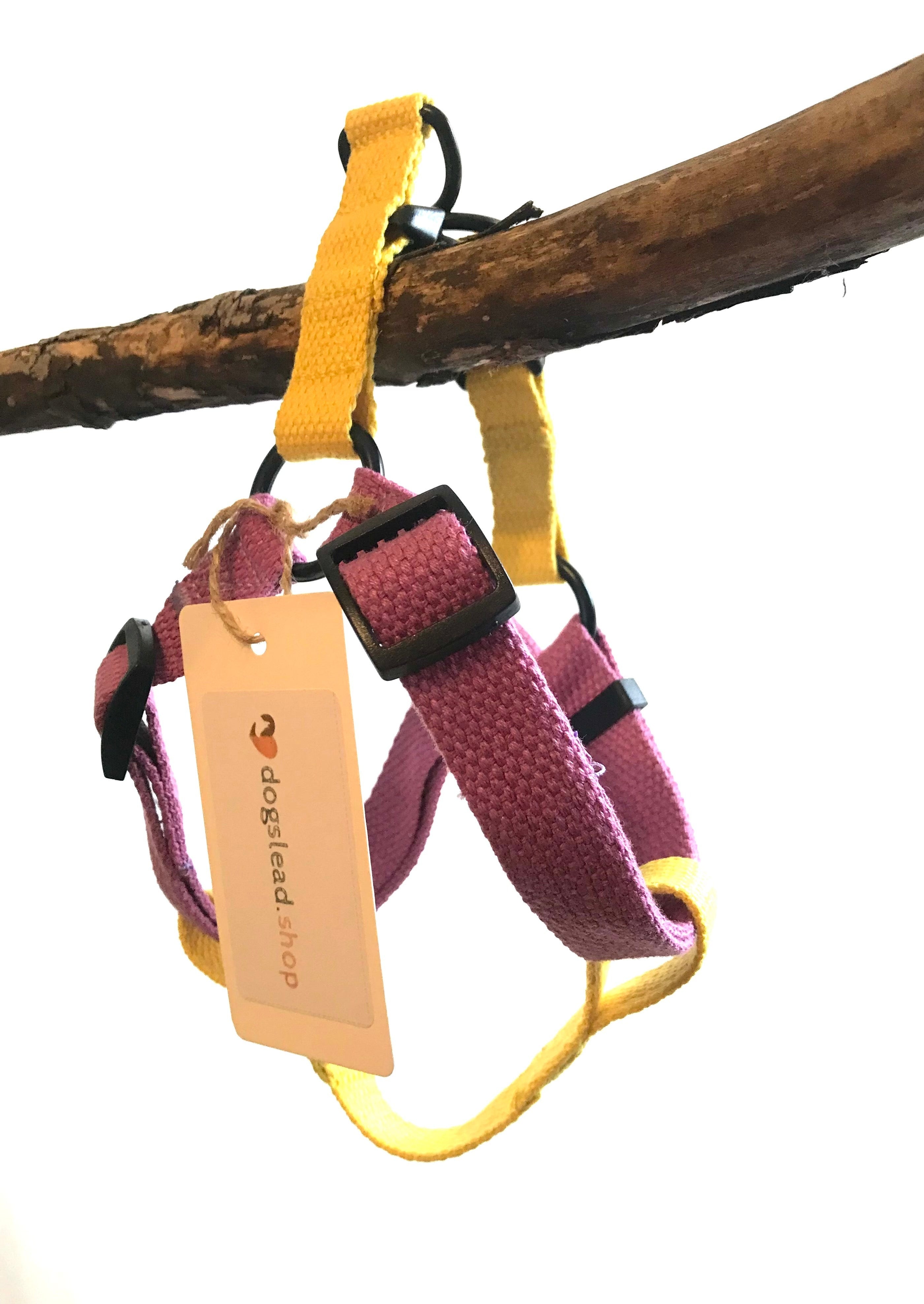 cotton step-in dog harness,  purple and yellow